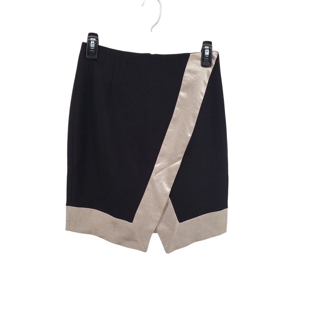 Banana Republic Trim Faux Wrap Mini Skirt Womens 0 Black Gold Metallic Stretch